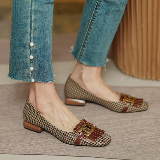 Retro Tassel Plaid Metal Buckle Flats