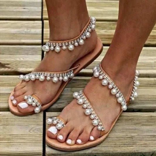 Roman Flat Tassel Pearl Sandals