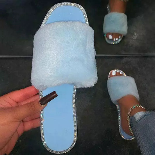 Square toe Rhinestone Fur Slippers