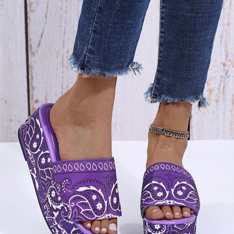 Flower Print Platform Slippers