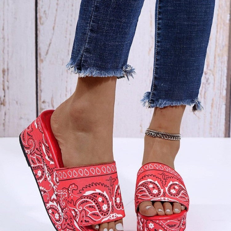 Flower Print Platform Slippers