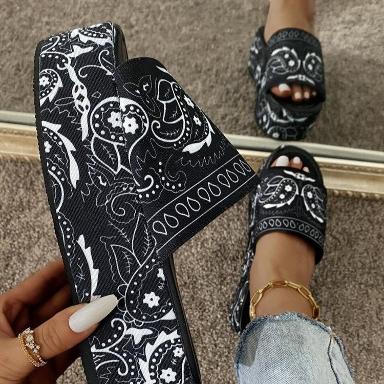 Flower Print Platform Slippers