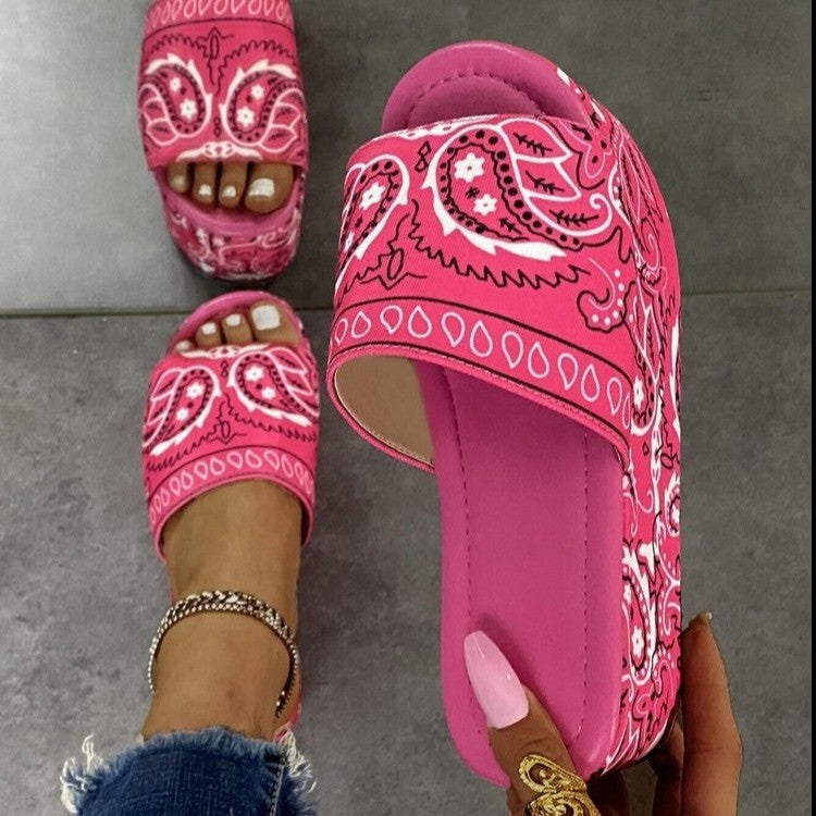 Flower Print Platform Slippers